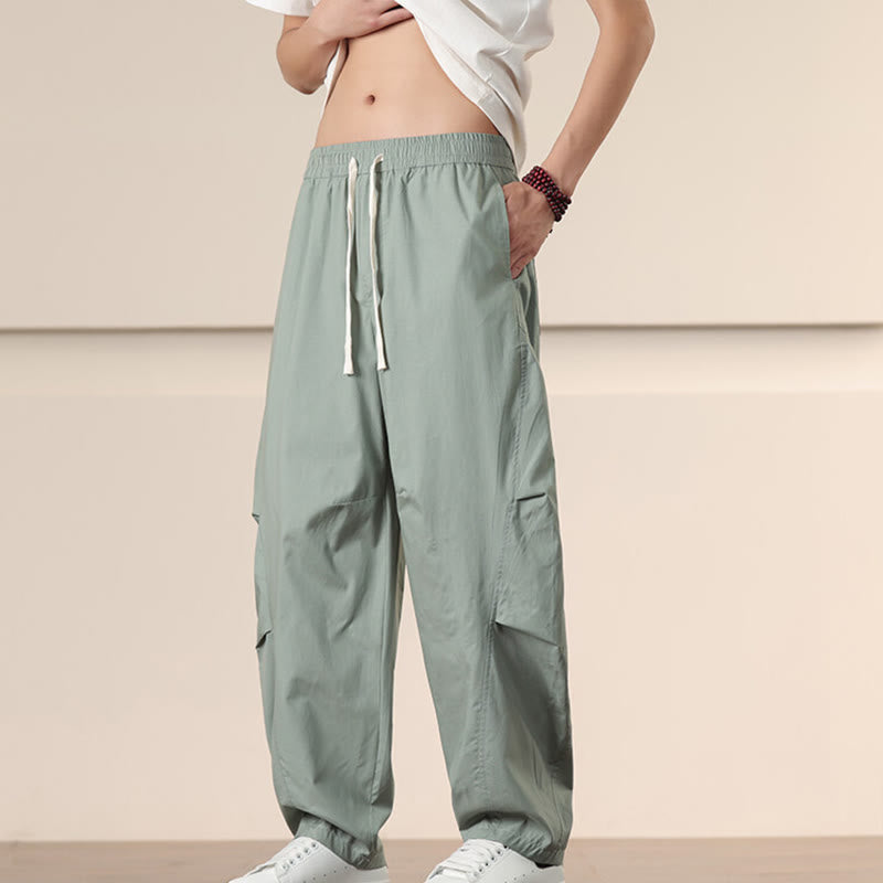 Buddha Stones Commute Spring Solid Color Drawstring Men's Harem Pants With Pockets