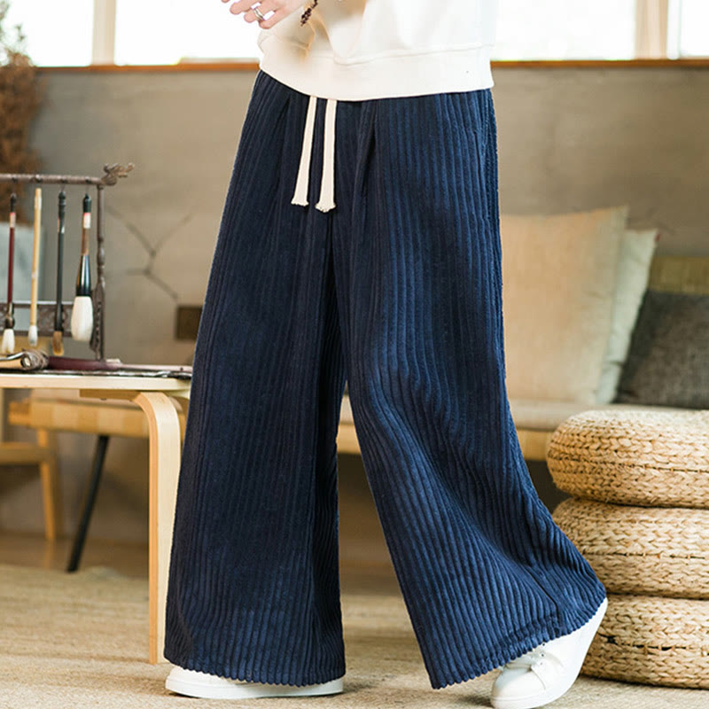 Buddha Stones Commute Plain Drawstring Men's Wide Leg Cotton Corduroy Pants With Pockets