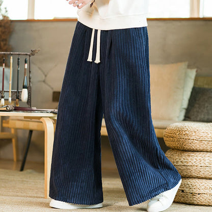 Buddha Stones Commute Plain Drawstring Men's Wide Leg Cotton Corduroy Pants With Pockets