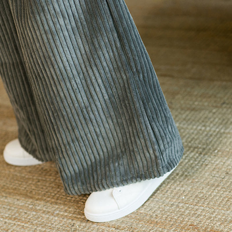 Buddha Stones Commute Plain Drawstring Men's Wide Leg Cotton Corduroy Pants With Pockets
