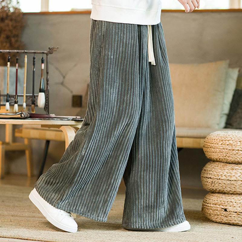 Buddha Stones Commute Plain Drawstring Men's Wide Leg Cotton Corduroy Pants With Pockets
