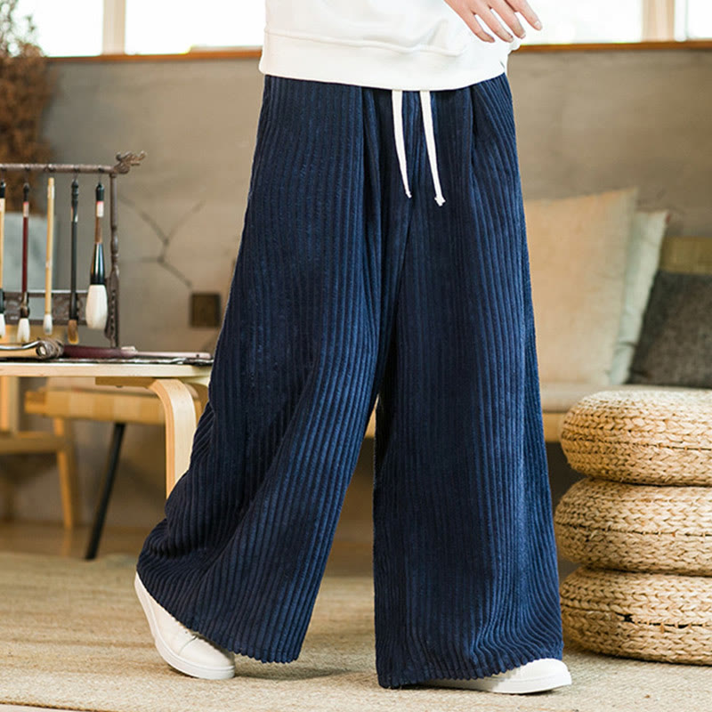 Buddha Stones Commute Plain Drawstring Men's Wide Leg Cotton Corduroy Pants With Pockets