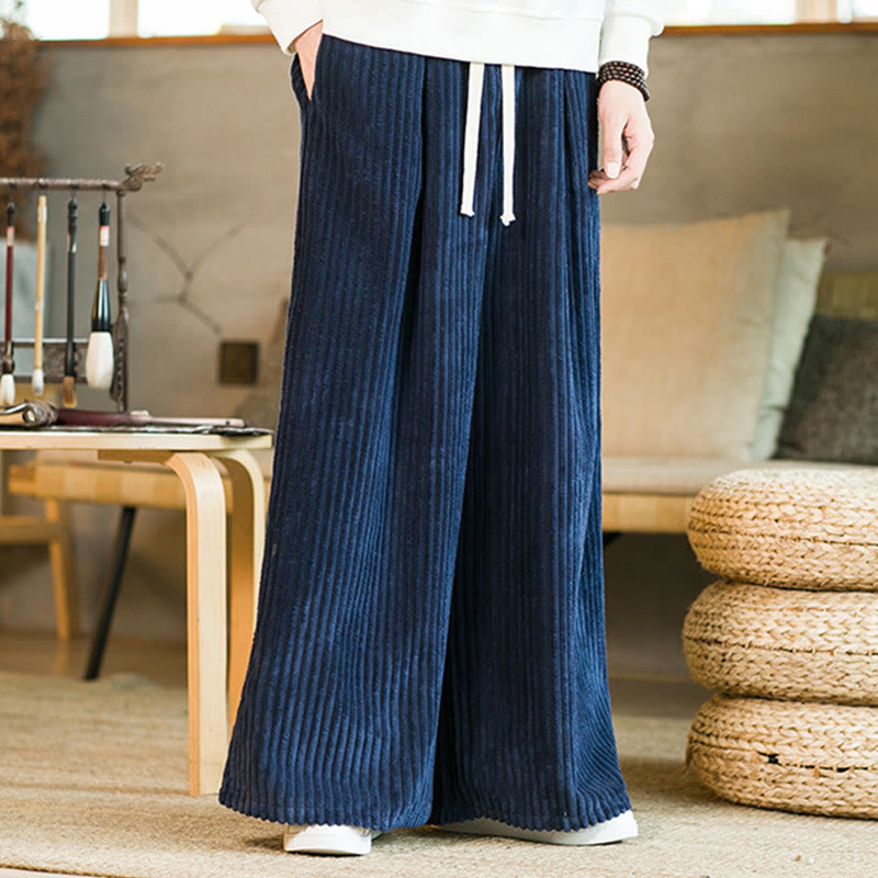 Buddha Stones Commute Plain Drawstring Men's Wide Leg Cotton Corduroy Pants With Pockets