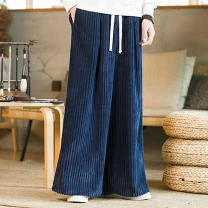 Buddha Stones Commute Plain Drawstring Men's Wide Leg Cotton Corduroy Pants With Pockets