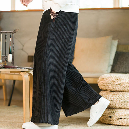 Buddha Stones Commute Plain Drawstring Men's Wide Leg Cotton Corduroy Pants With Pockets