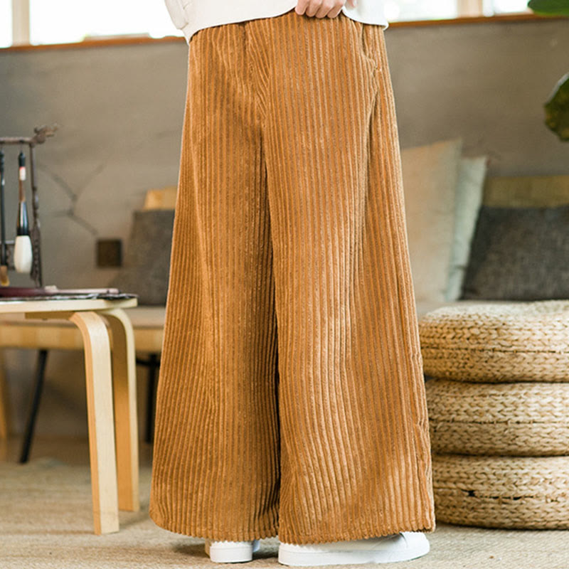 Buddha Stones Commute Plain Drawstring Men's Wide Leg Cotton Corduroy Pants With Pockets