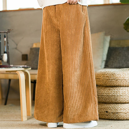 Buddha Stones Commute Plain Drawstring Men's Wide Leg Cotton Corduroy Pants With Pockets