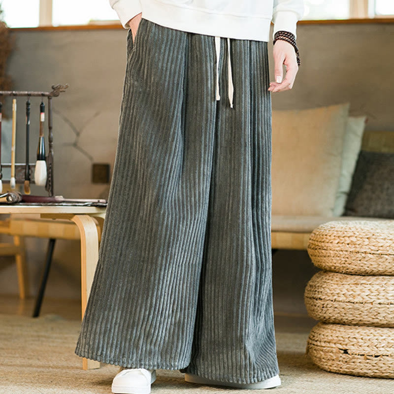 Buddha Stones Commute Plain Drawstring Men's Wide Leg Cotton Corduroy Pants With Pockets