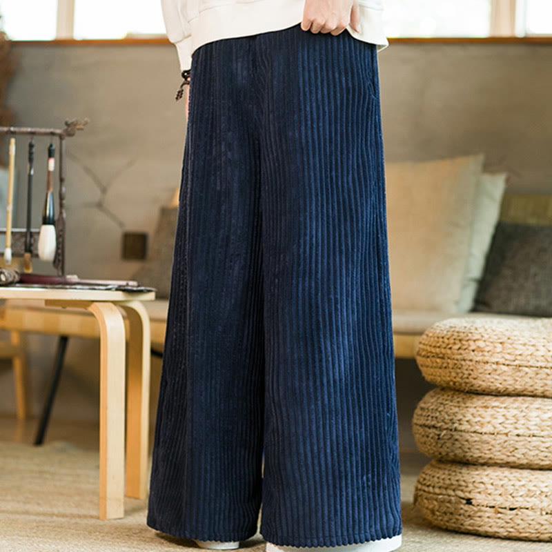 Buddha Stones Commute Plain Drawstring Men's Wide Leg Cotton Corduroy Pants With Pockets