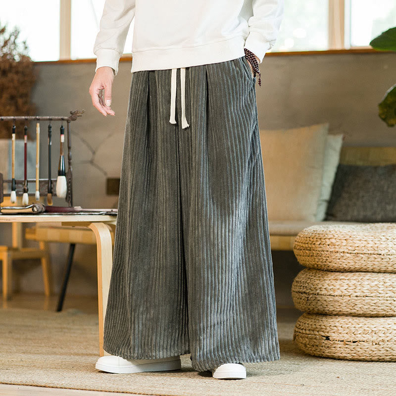 Buddha Stones Commute Plain Drawstring Men's Wide Leg Cotton Corduroy Pants With Pockets
