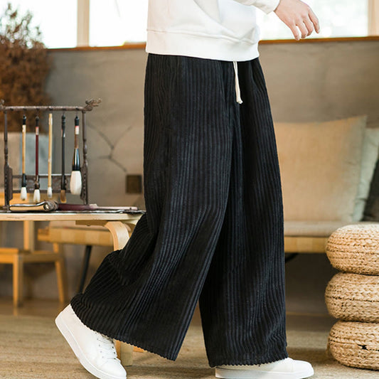 Buddha Stones Commute Plain Drawstring Men's Wide Leg Cotton Corduroy Pants With Pockets
