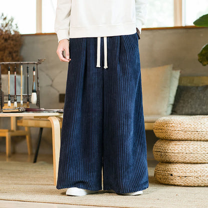 Buddha Stones Commute Plain Drawstring Men's Wide Leg Cotton Corduroy Pants With Pockets