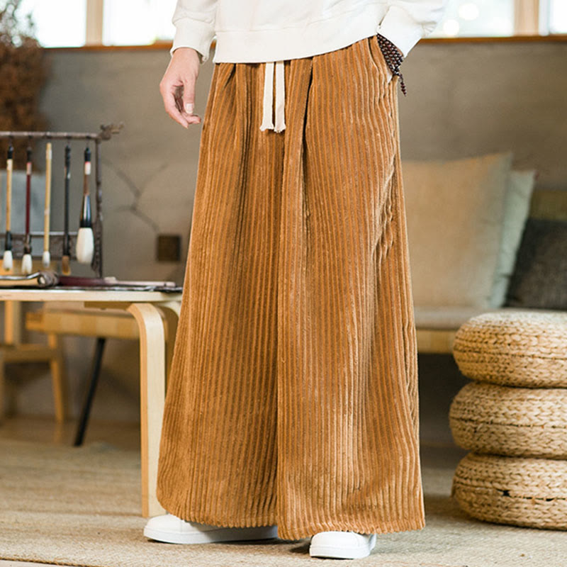 Buddha Stones Commute Plain Drawstring Men's Wide Leg Cotton Corduroy Pants With Pockets