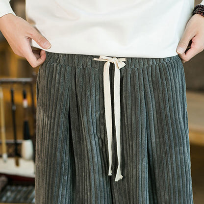 Buddha Stones Commute Plain Drawstring Men's Wide Leg Cotton Corduroy Pants With Pockets