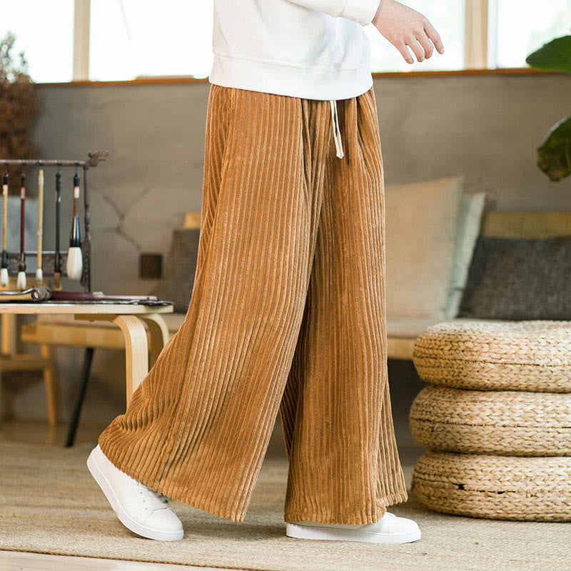 Buddha Stones Commute Plain Drawstring Men's Wide Leg Cotton Corduroy Pants With Pockets