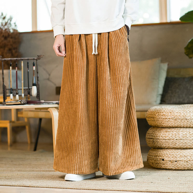 Buddha Stones Commute Plain Drawstring Men's Wide Leg Cotton Corduroy Pants With Pockets
