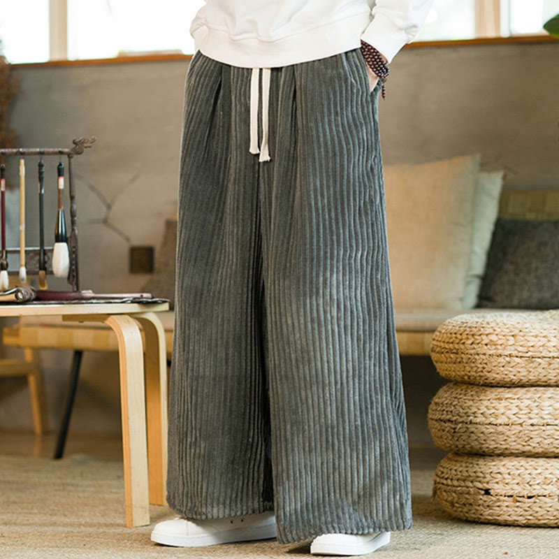 Buddha Stones Commute Plain Drawstring Men's Wide Leg Cotton Corduroy Pants With Pockets