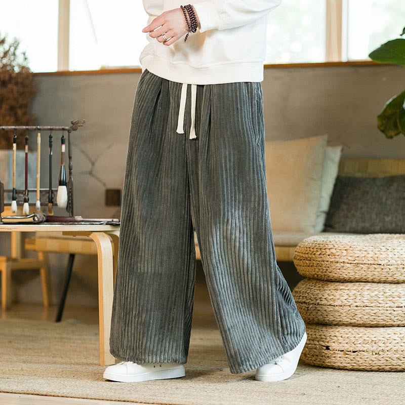 Buddha Stones Commute Plain Drawstring Men's Wide Leg Cotton Corduroy Pants With Pockets