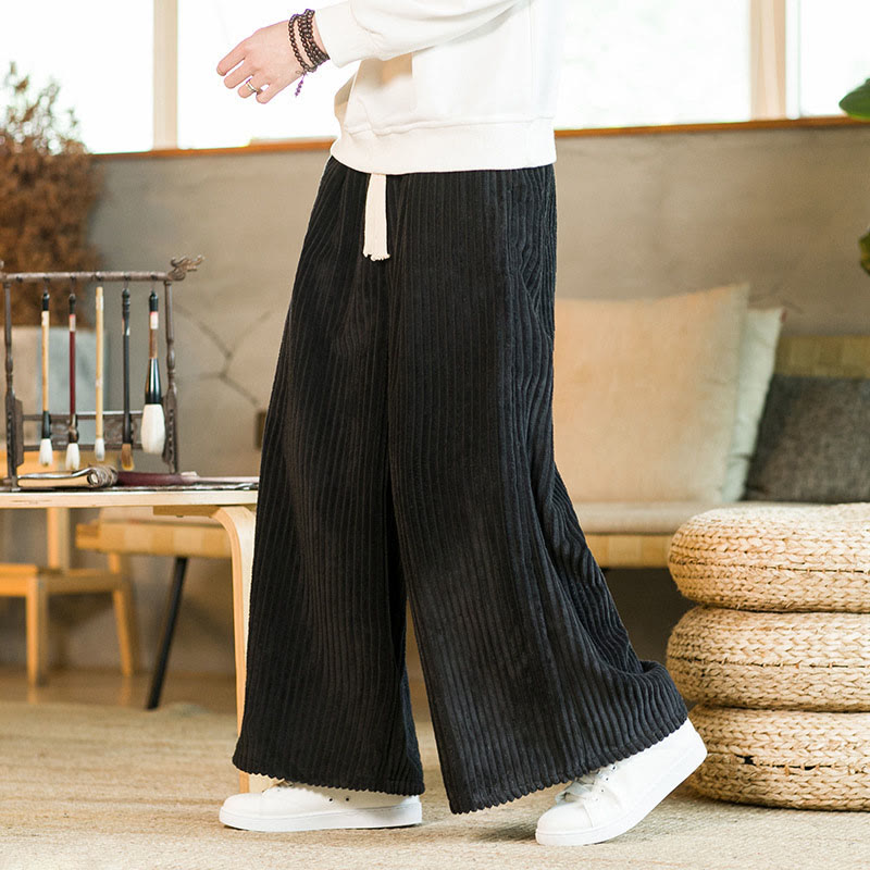 Buddha Stones Commute Plain Drawstring Men's Wide Leg Cotton Corduroy Pants With Pockets