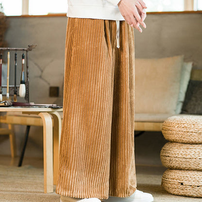 Buddha Stones Commute Plain Drawstring Men's Wide Leg Cotton Corduroy Pants With Pockets