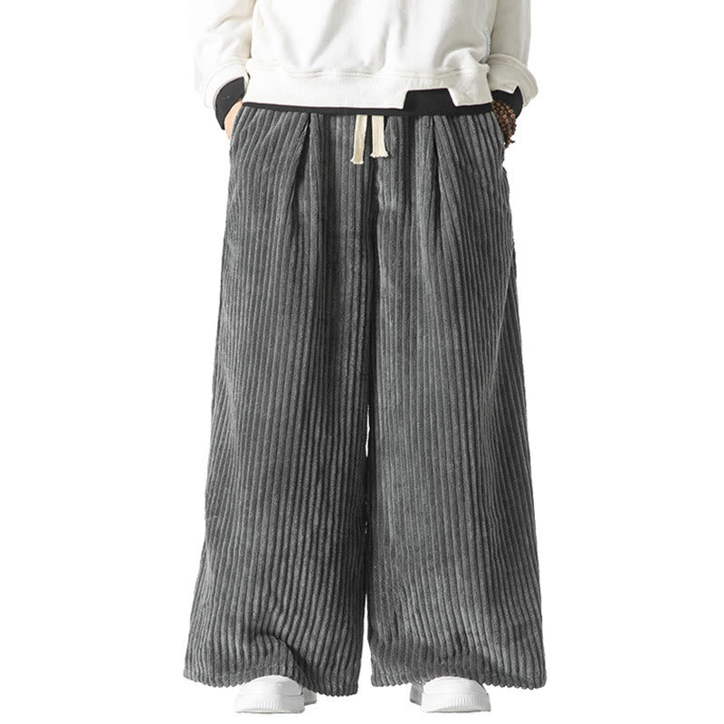 Buddha Stones Commute Plain Drawstring Men's Wide Leg Cotton Corduroy Pants With Pockets