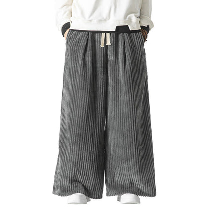 Buddha Stones Commute Plain Drawstring Men's Wide Leg Cotton Corduroy Pants With Pockets