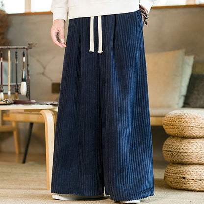 Buddha Stones Commute Plain Drawstring Men's Wide Leg Cotton Corduroy Pants With Pockets