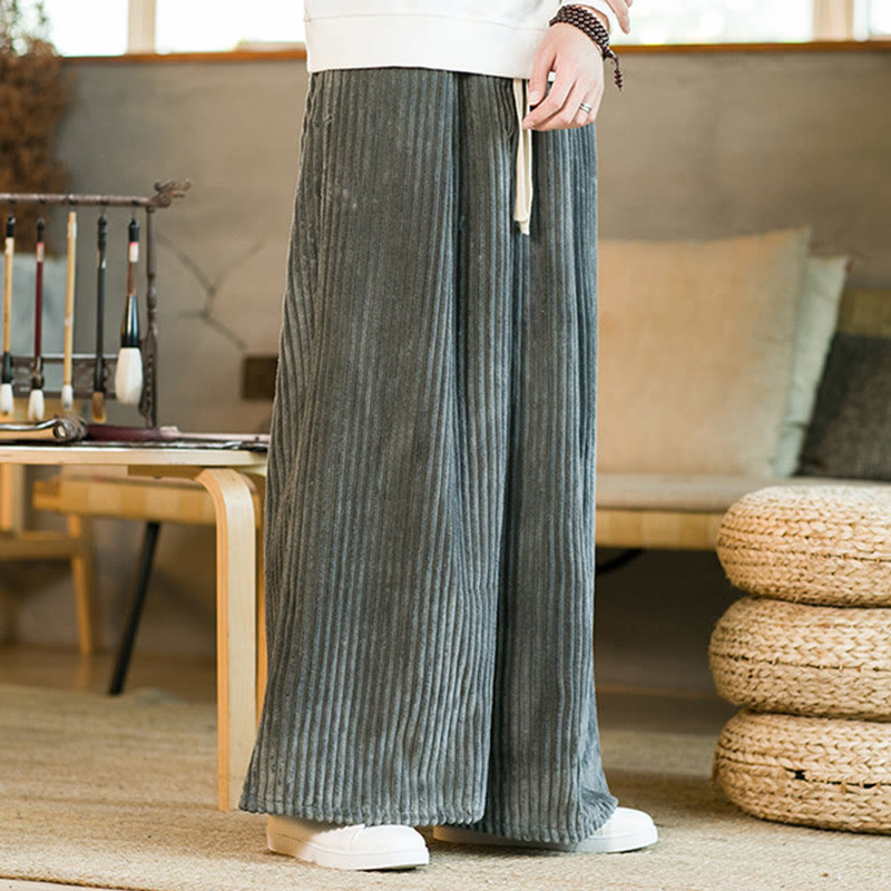 Buddha Stones Commute Plain Drawstring Men's Wide Leg Cotton Corduroy Pants With Pockets