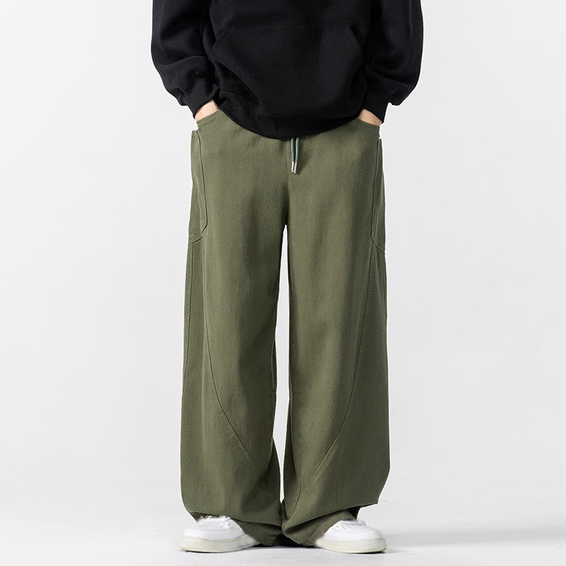 Buddha Stones Fall Pure Color Men's Wide Leg Cotton Drawstring Pants With Pockets