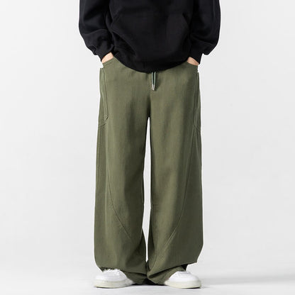 Buddha Stones Fall Pure Color Men's Wide Leg Cotton Drawstring Pants With Pockets