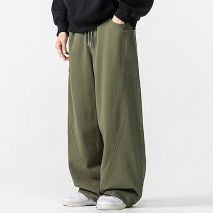 Buddha Stones Fall Pure Color Men's Wide Leg Cotton Drawstring Pants With Pockets