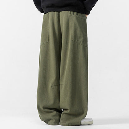 Buddha Stones Fall Pure Color Men's Wide Leg Cotton Drawstring Pants With Pockets