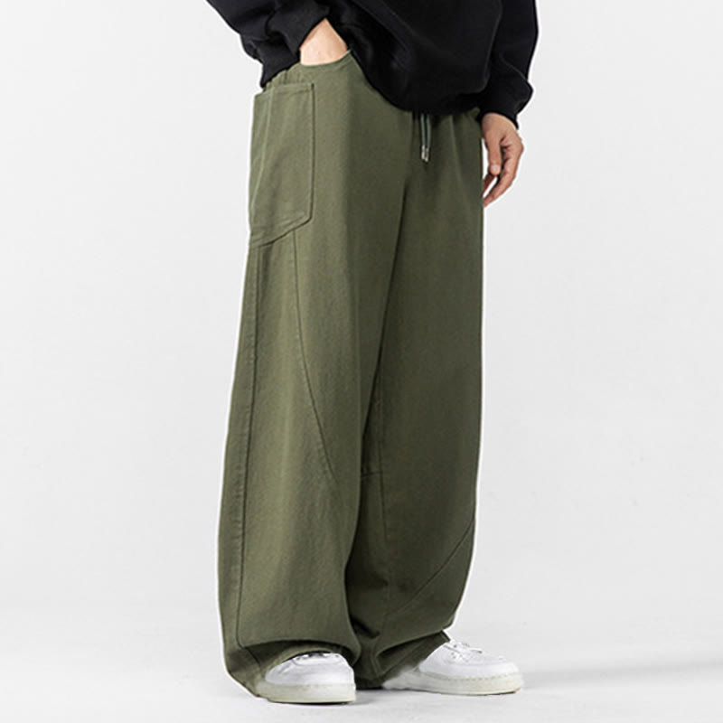 Buddha Stones Fall Pure Color Men's Wide Leg Cotton Drawstring Pants With Pockets