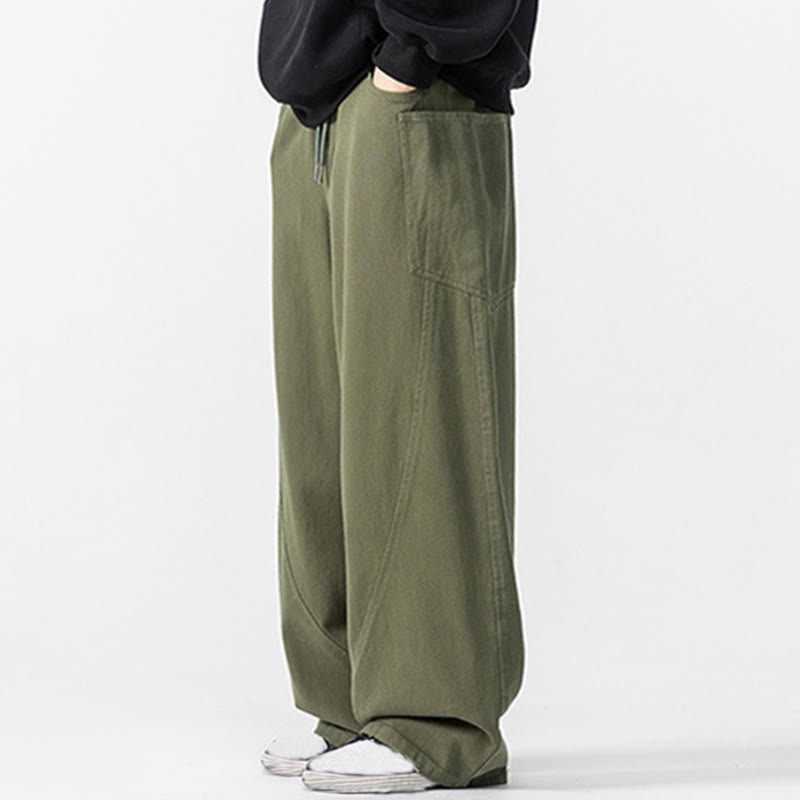 Buddha Stones Fall Pure Color Men's Wide Leg Cotton Drawstring Pants With Pockets