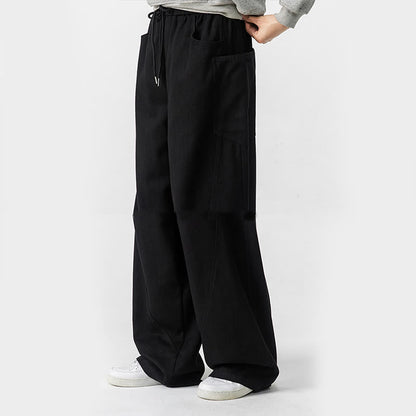 Buddha Stones Fall Pure Color Men's Wide Leg Cotton Drawstring Pants With Pockets
