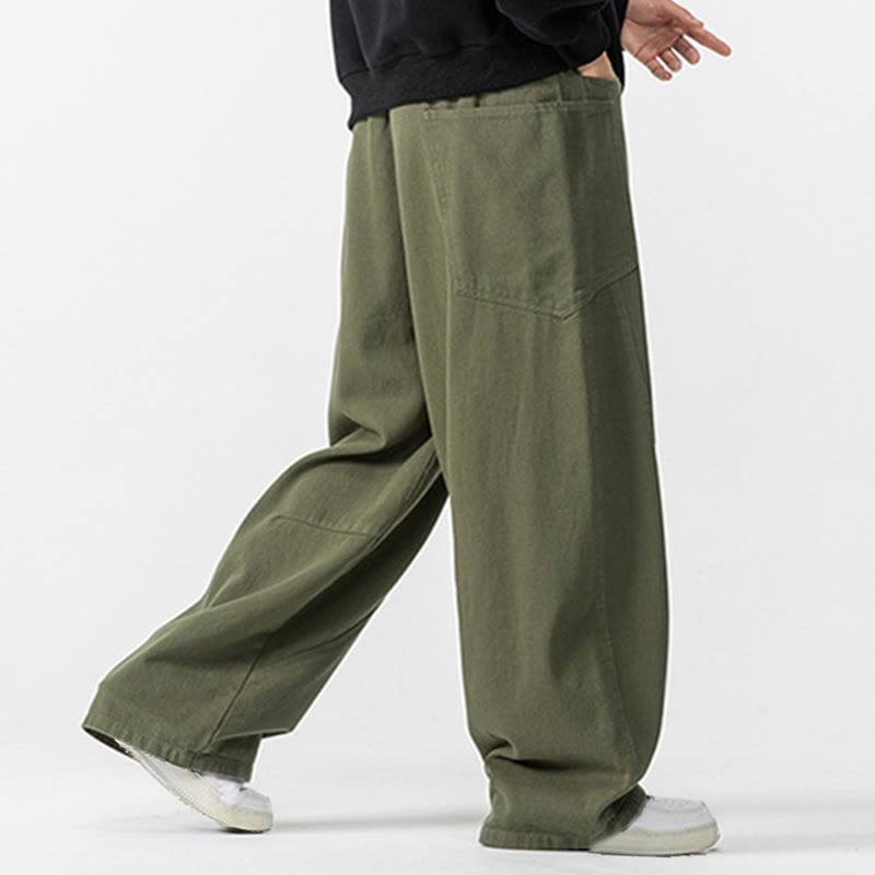 Buddha Stones Fall Pure Color Men's Wide Leg Cotton Drawstring Pants With Pockets