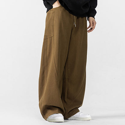 Buddha Stones Fall Pure Color Men's Wide Leg Cotton Drawstring Pants With Pockets