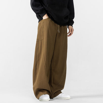 Buddha Stones Fall Pure Color Men's Wide Leg Cotton Drawstring Pants With Pockets