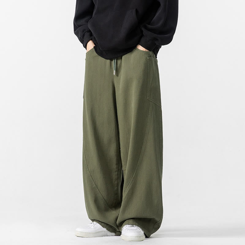 Buddha Stones Fall Pure Color Men's Wide Leg Cotton Drawstring Pants With Pockets