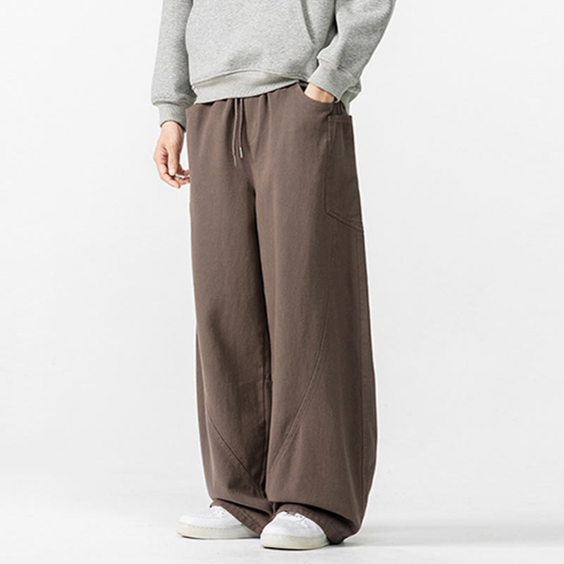 Buddha Stones Fall Pure Color Men's Wide Leg Cotton Drawstring Pants With Pockets