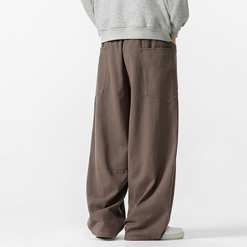 Buddha Stones Fall Pure Color Men's Wide Leg Cotton Drawstring Pants With Pockets