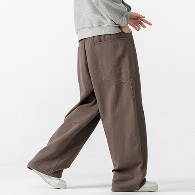 Buddha Stones Fall Pure Color Men's Wide Leg Cotton Drawstring Pants With Pockets
