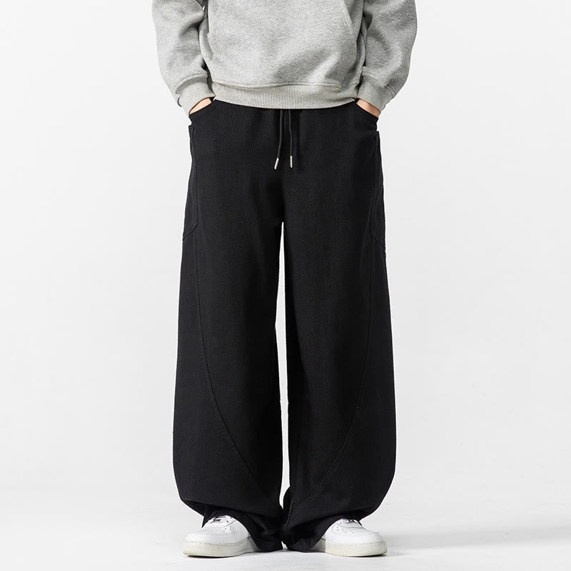 Buddha Stones Fall Pure Color Men's Wide Leg Cotton Drawstring Pants With Pockets