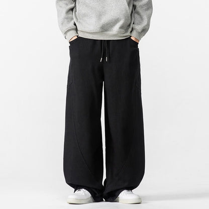 Buddha Stones Fall Pure Color Men's Wide Leg Cotton Drawstring Pants With Pockets