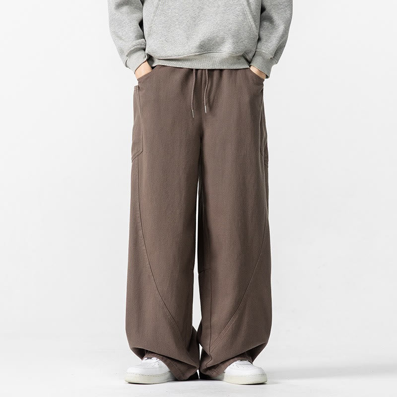 Buddha Stones Fall Pure Color Men's Wide Leg Cotton Drawstring Pants With Pockets