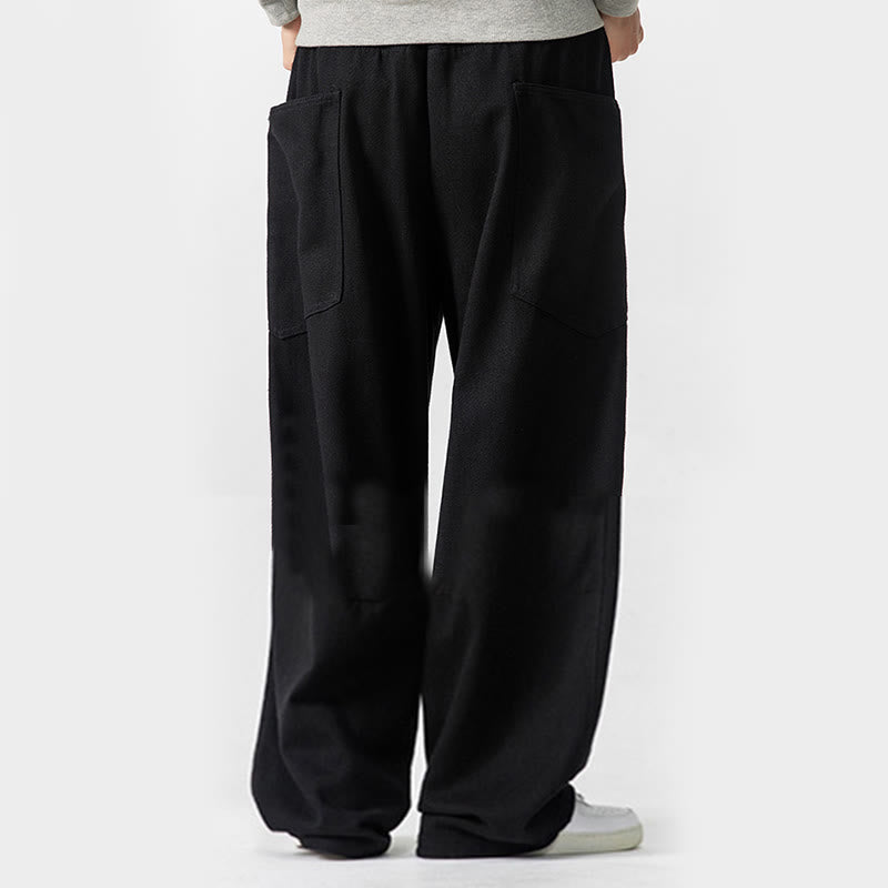 Buddha Stones Fall Pure Color Men's Wide Leg Cotton Drawstring Pants With Pockets