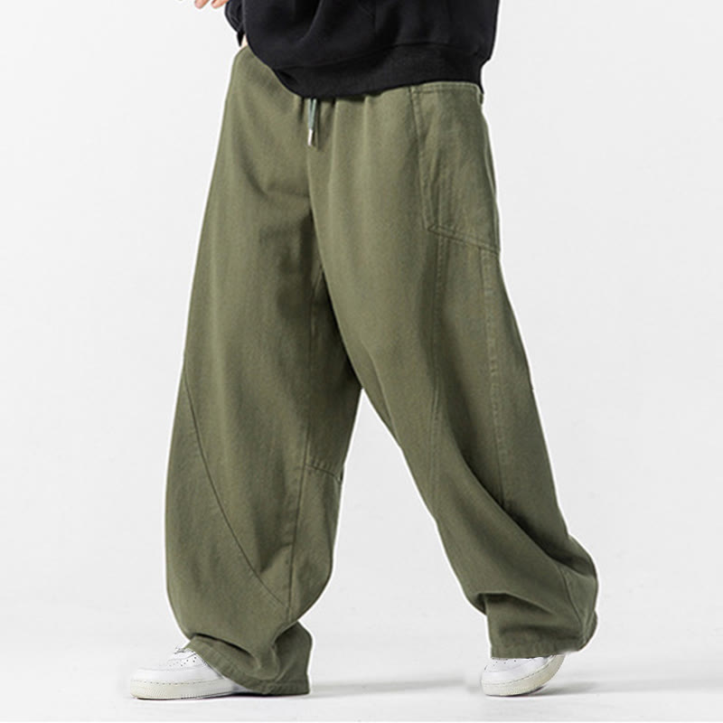 Buddha Stones Fall Pure Color Men's Wide Leg Cotton Drawstring Pants With Pockets