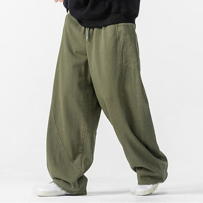 Buddha Stones Fall Pure Color Men's Wide Leg Cotton Drawstring Pants With Pockets