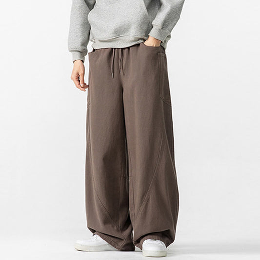 Buddha Stones Fall Pure Color Men's Wide Leg Cotton Drawstring Pants With Pockets
