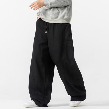 Buddha Stones Fall Pure Color Men's Wide Leg Cotton Drawstring Pants With Pockets